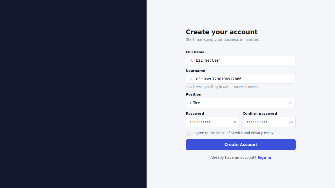 Sign-up screen — a new team member creates their account